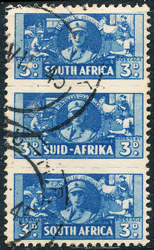 South Africa - 1942-44 - Small War - 3d blue fine used unit of 3 . SACC 99 .