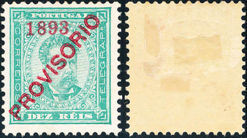 Portugal - 1893 - Provisorio Ovpts - 10R blue green fine used . 303 .