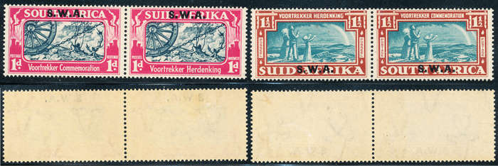 South West Africa - 1938 - Voortrekker Comm - set of 2 horiz pairs mint hinged . SACC 136-137 .
