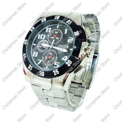 Gents Link Bracelet Wrist Watch - Silver Links Black Face Black Face Band