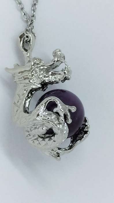 Stunning Semi Precious Purple Stone Pendant With Stainless Steel Casing Of A Dragon