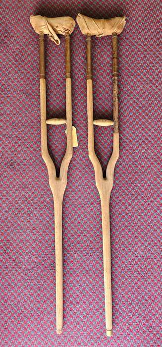 Vintage Pair of Wooden and Brass Crutches