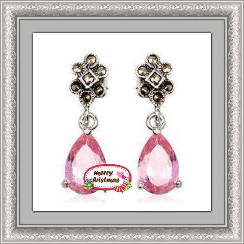 ***SPECTACULAR***GORGEOUS 925 STERLING SILVER MARCASITE & BABY PINK SAPPHIRE EARRINGS