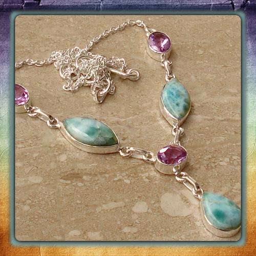 ***HUGELY SOUGHT AFTER*** NATURAL CARRIBEAN LARIMAR, AMETHYST GEMSTONE 925 SILVER NECKLACE