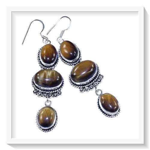 NATURAL TIGERS EYE GEMSTONES .925 SILVER EARRINGS