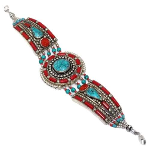 NATURAL NEPALESE TURQUOISE, RED CORAL GEMSTONE SOLID BRASS BRACELET
