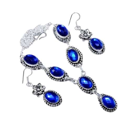 BREATHTAKING ELECTRIC BLUE RAINBOW TOPAZ GEMSTONE 925 SILVER NECKLACE & EARRINGS