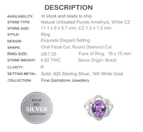 Deluxe AAA Natural Purple Amethyst, White CZ  Solid .925 Silver 14K W/Gold Ring Size 7.25 / O1/2