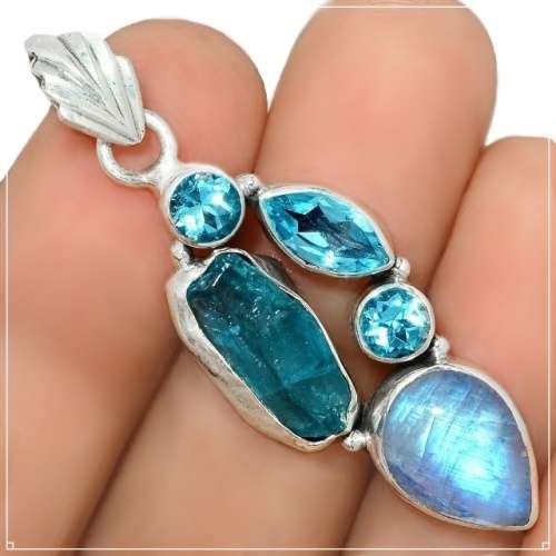Natural Neon Blue Apatite Rough, Moonstone, Blue Topaz Solid .925 Sterling Silver Pendant