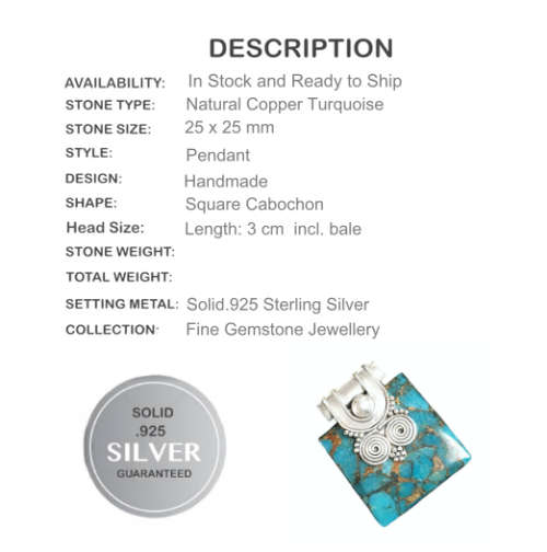 Natural Copper Turquoise Gemstone Solid .925 Sterling Silver Pendant