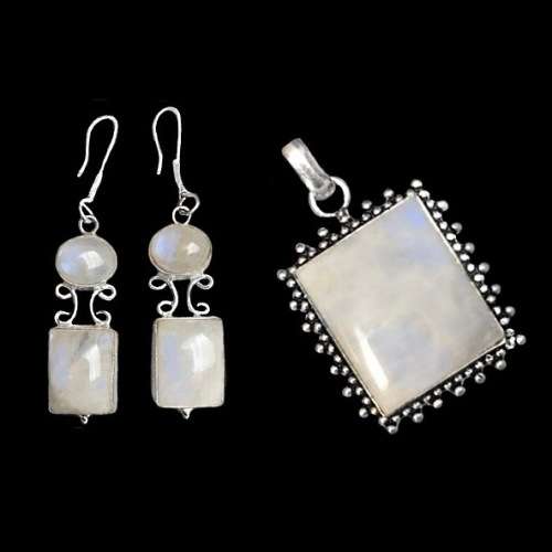 Natural Rainbow Moonstone  .925 Silver Pendant and Earrings Set