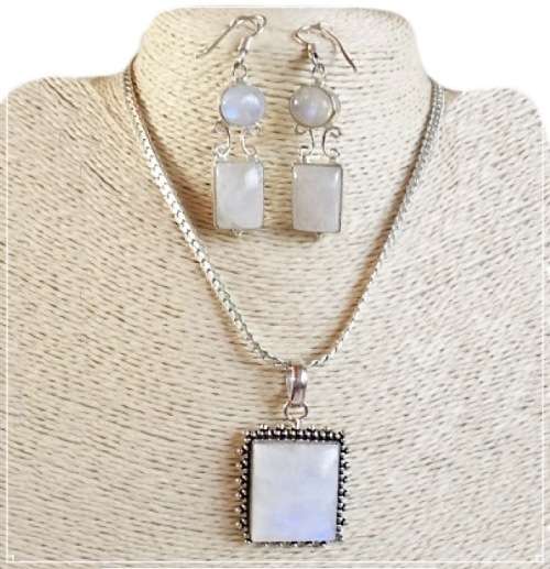 Natural Rainbow Moonstone  .925 Silver Pendant and Earrings Set