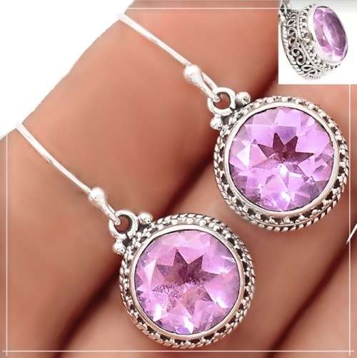 Faceted Pink Topaz Round Gemstone set in Solid .925 Sterling Silver Earrings