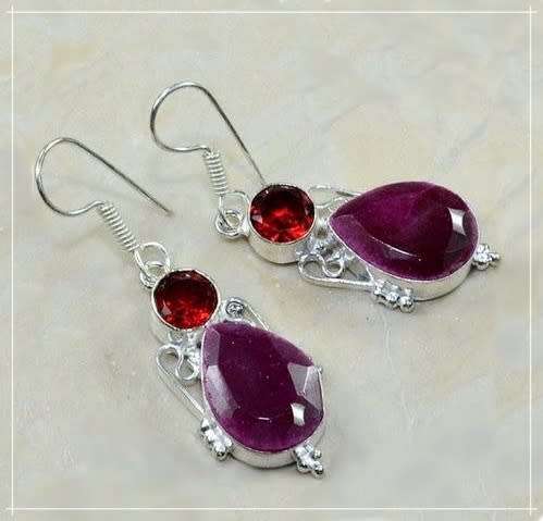 Enchanting Indian Cherry Ruby and Garnet Set in 925 Sterling Silver Plated Handmade Earrings