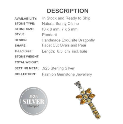 Handmade Golden Citrine Dragonfly .925 Sterling  Silver Pendant