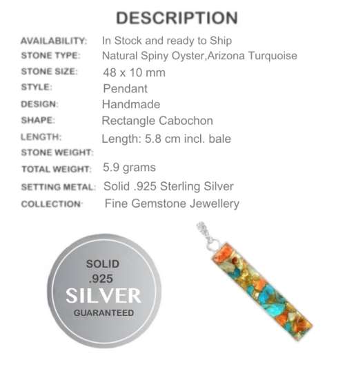Natural Spiny Oyster Arizona Turquoise Solid .925 Sterling Silver Pendant