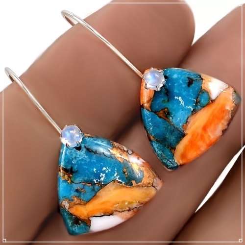 Natural Spiny Oyster Arizona Copper Turquoise Gemstone set in Solid .925 Sterling Silver Earrings