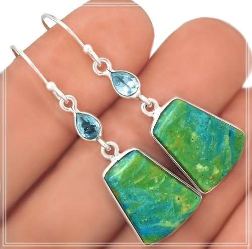 Extremely Rare Genuine Peruvian Blue Opal, Blue Topaz Set in Solid .925 Sterling Silver Earrings