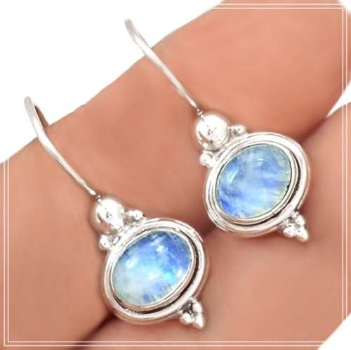 Natural Rainbow Moonstone Oval Gemstone set in Solid .925  Sterling Silver Dainty Earrings
