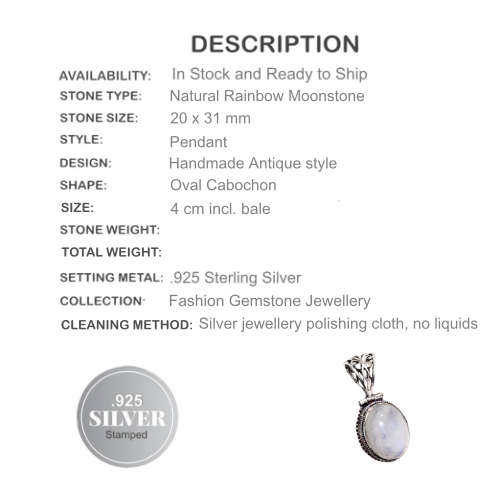 Natural Rainbow Moonstone Oval Cabochon  .925 Silver Pendant