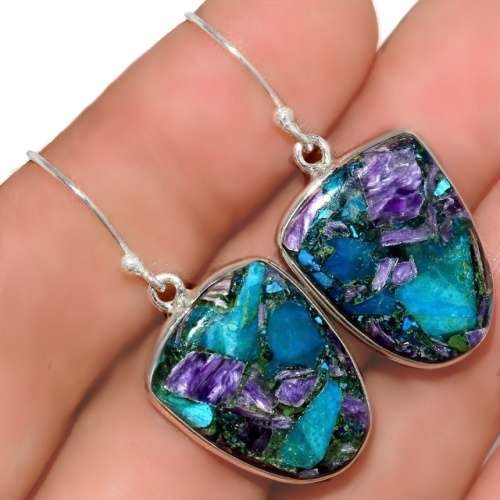 Natural Charoite in Chrysocolla set in Solid .925 Sterling Silver Earrings