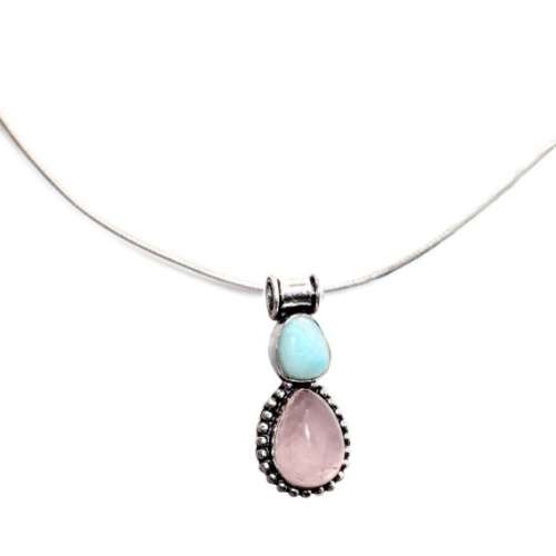 Natural Caribbean Blue Larimar, Rose Quartz .925 Sterling Silver Plated Handmade Dainty Pendant