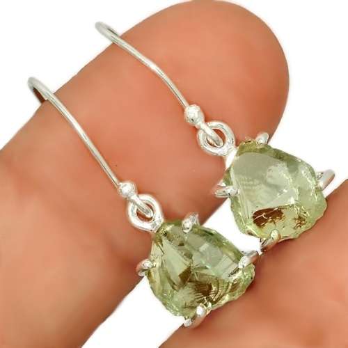 Natural Green Amethyst Rough Gemstone set in Solid .925 Sterling Silver Earrings