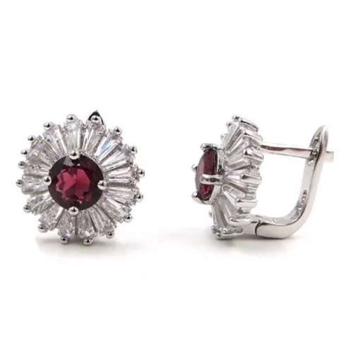 6mm Top Natural Rhodolite Garnet, Baguette Cubic Zirconia Solid .925 Sterling Silver Earrings