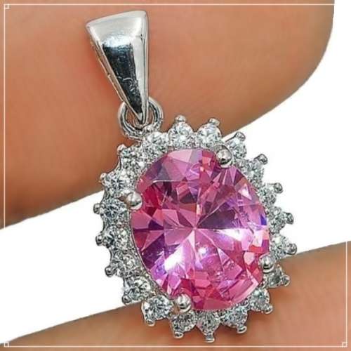 2 cts Pink Sapphire and White Topaz Gemstone set in Solid .925 Sterling Silver Pendant