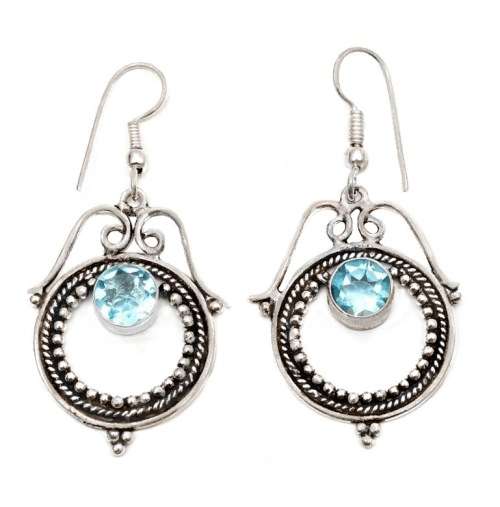Swiss Blue Topaz Gemstone set in .925 Sterling Silver Plated Antique Style Handmade Earrings