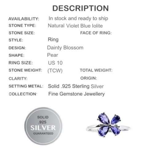Natural Violet Blue Iolite Gemstone Solid .925 Silver Ring Size US 10 or T