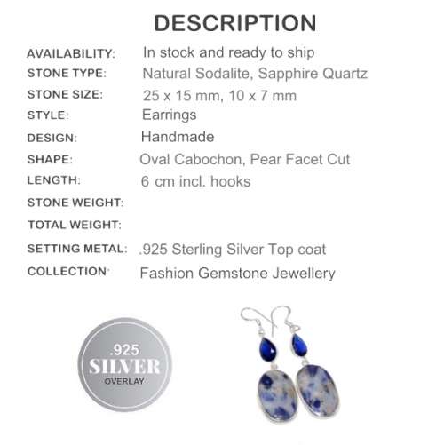 Natural Sodalite and Sapphire Quartz Gemstone  925 Sterling Silver Earrings