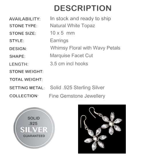 Natural White Topaz Floral Solid .925  Sterling Silver Earrings