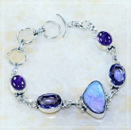 Lilac Blue Drusy Agate, Purple Amethyst Gemstones  in .925 Sterling Silver Plated Handmade Bracelet