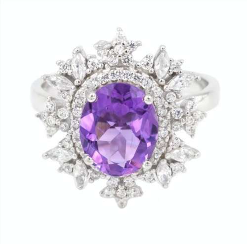 Brazilian AAA Natural Purple Amethyst, White Cz Solid .925 Sterling Silver Ring Size US 7 or O