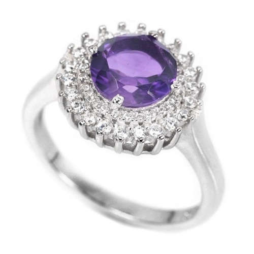 Natural Round Portuguese Cut Purple Amethyst,White Cz in Solid .925 Silver Ring Size 8 / Q