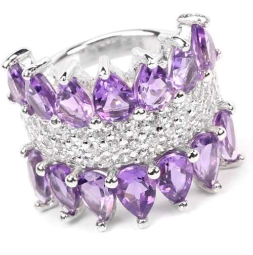 14 Brilliant Natural Purple Amethyst, AAA White CZ  in Solid .925 Silver Ring Size 5.75 or L1/2 -M