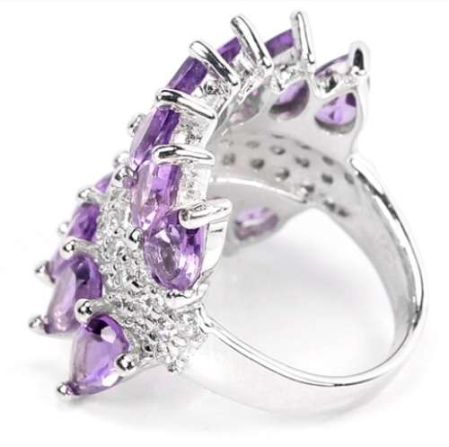 14 Brilliant Natural Purple Amethyst, AAA White CZ  in Solid .925 Silver Ring Size 5.75 or L1/2 -M