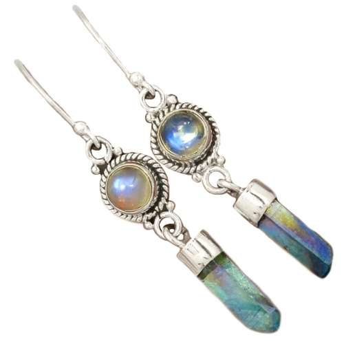 Natural Aqua Aura Quartz and Rainbow Moonstone Gemstone set in Solid .925 Sterling Silver Earrings