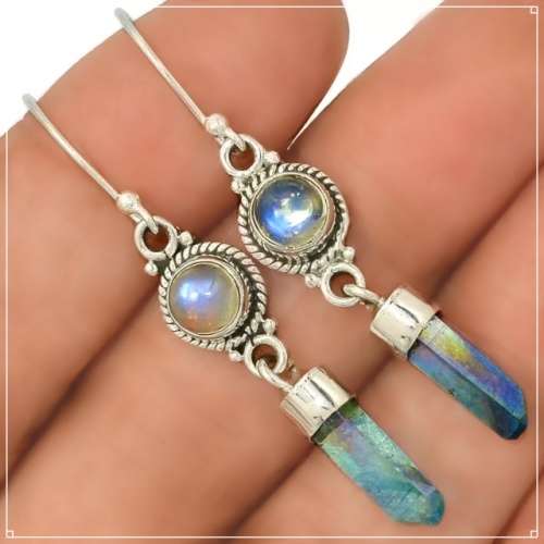 Natural Aqua Aura Quartz and Rainbow Moonstone Gemstone set in Solid .925 Sterling Silver Earrings