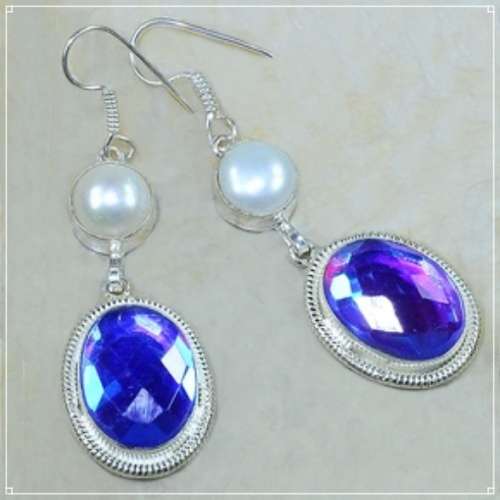 Handmade Madagascar Blue /Purple Fire Topaz and Pearl .925 Sterling Silver Plated Earrings