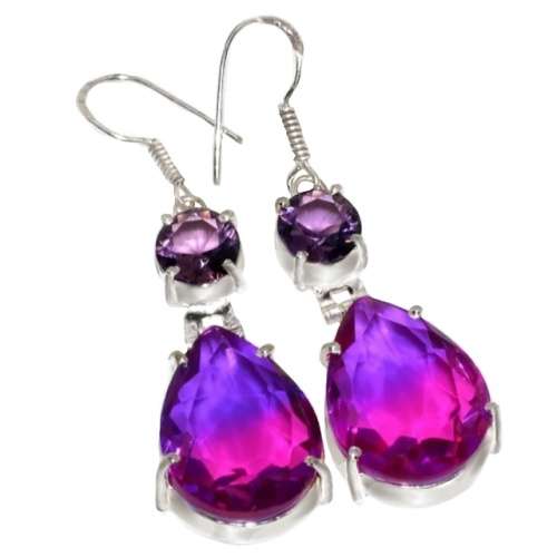 Bi-Colour Tourmaline , Amethyst Mixed Shapes in .925 Sterling Silver Plated Handmade Earrings