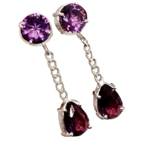 Purple Amethyst  Round and Pear Shape .925 Sterling Silver Drop Dangle Stud Earrings