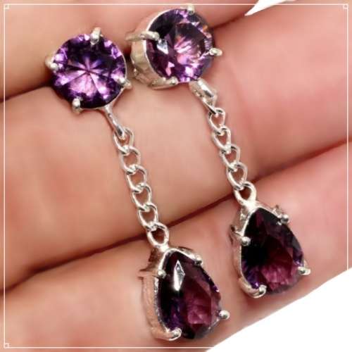 Purple Amethyst  Round and Pear Shape .925 Sterling Silver Drop Dangle Stud Earrings