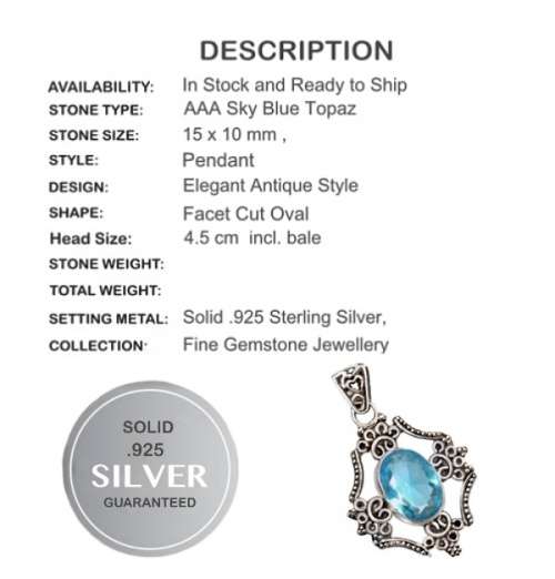 Indonesian Bali- Java Natural Blue Topaz Oval Gemstone set in Solid .925 Sterling Silver Pendant