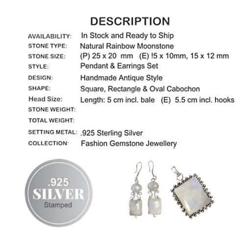 Natural Rainbow Moonstone  .925 Silver Pendant and Earrings Set