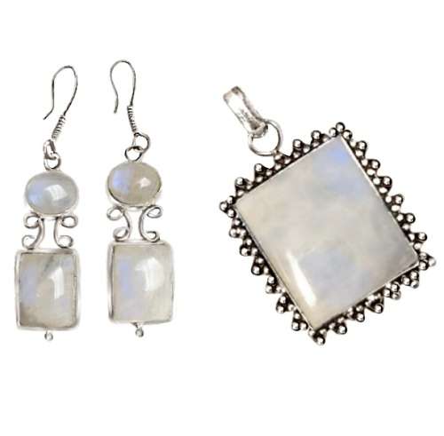 Natural Rainbow Moonstone  .925 Silver Pendant and Earrings Set