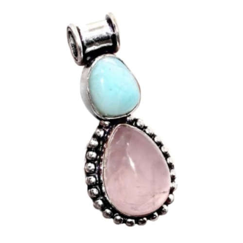Natural Caribbean Blue Larimar, Rose Quartz .925 Sterling Silver Plated Handmade Dainty Pendant