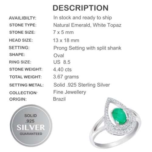 4.40 cts Natural Brazilian Emerald, White Topaz Solid .925 Sterling Silver Size 8.5 or Q 1/2