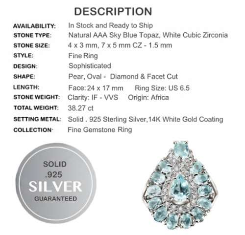 Deluxe 14 Natural Sky Blue Topaz, White Cubic Zirconia  Gemstone  Solid .925 Silver Size 6.5 or N